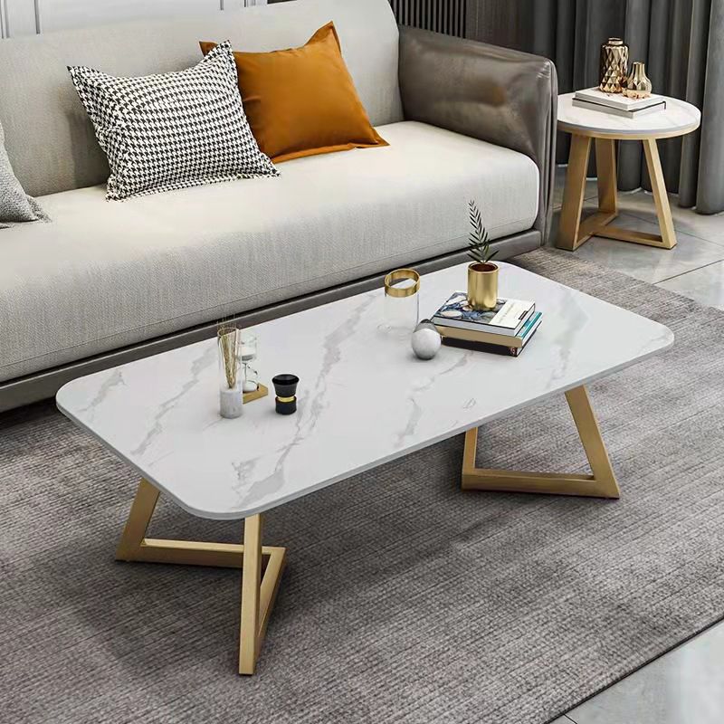 Geometric Stone Top Coffee Table in White of 17.7"/19.7" High