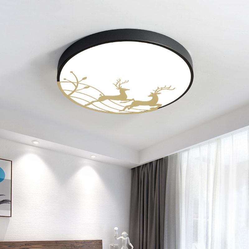 Elk Dance Patterned Round Flush Light Nordic Acrylic White/Black LED Ceiling Mount Lamp for Bedroom
