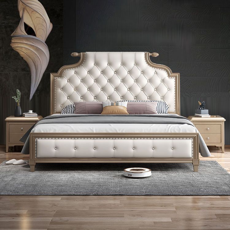 Contemporary Standard Bed Solid Wood Bed Frame with Upholstered Headboard