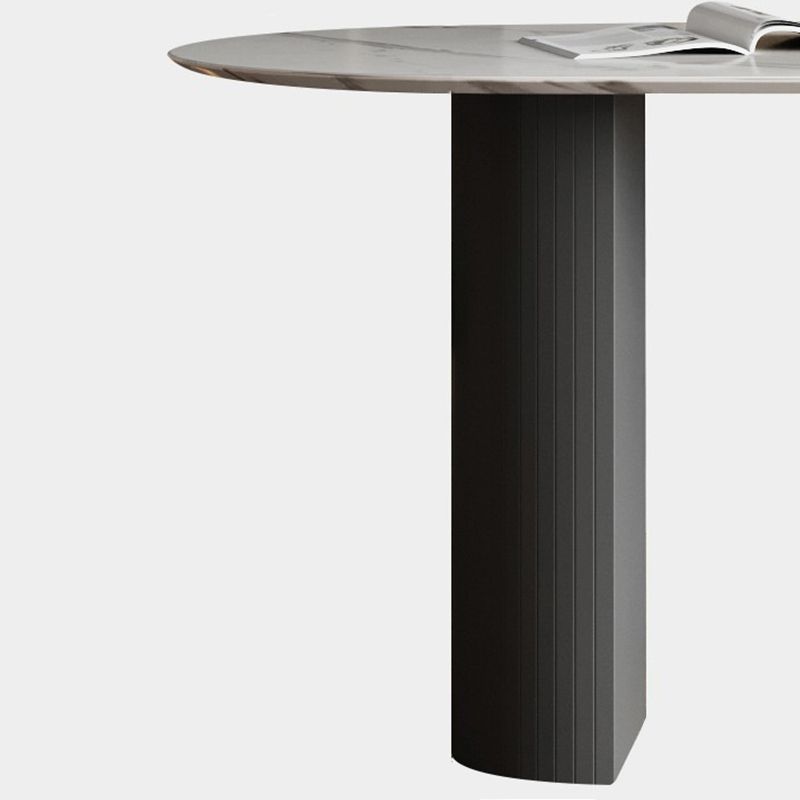 Modern Oval Dinette Table Sintered Stone Top Black Steel Double Pedestal Table