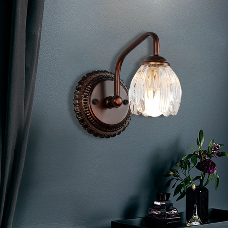 Lámpara de pared de baño de flores Vintage Clear Textured Glass 2/3/4 Luces de cobre Iluminación de maquillaje de cobre