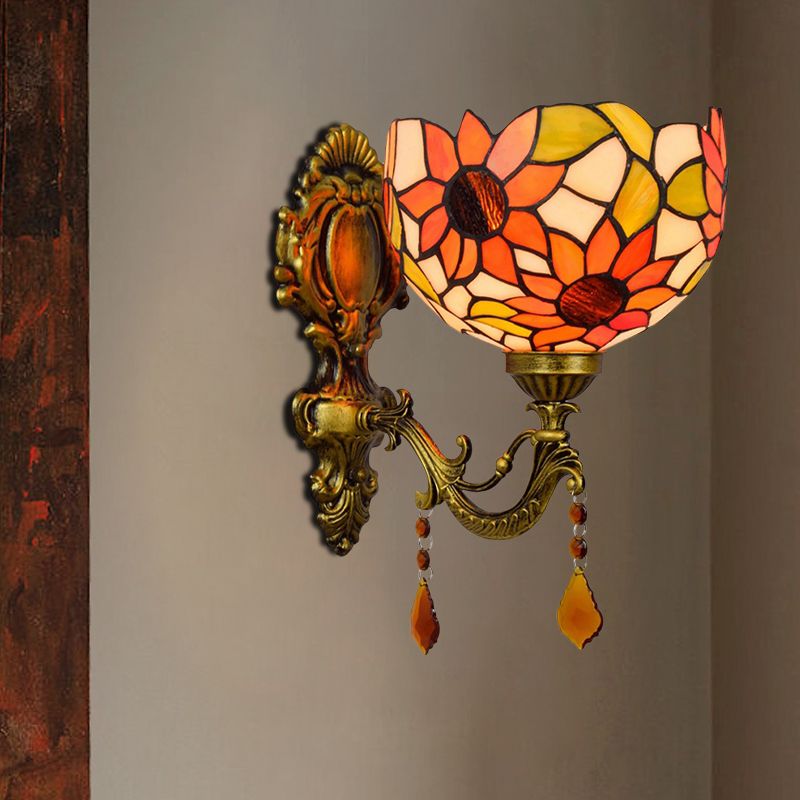 Sunflower Patterned Dome Sconce Lamp 1 Bulb Cut Glass Tiffany Wall Lighting Fixture with Brass Curved Arm