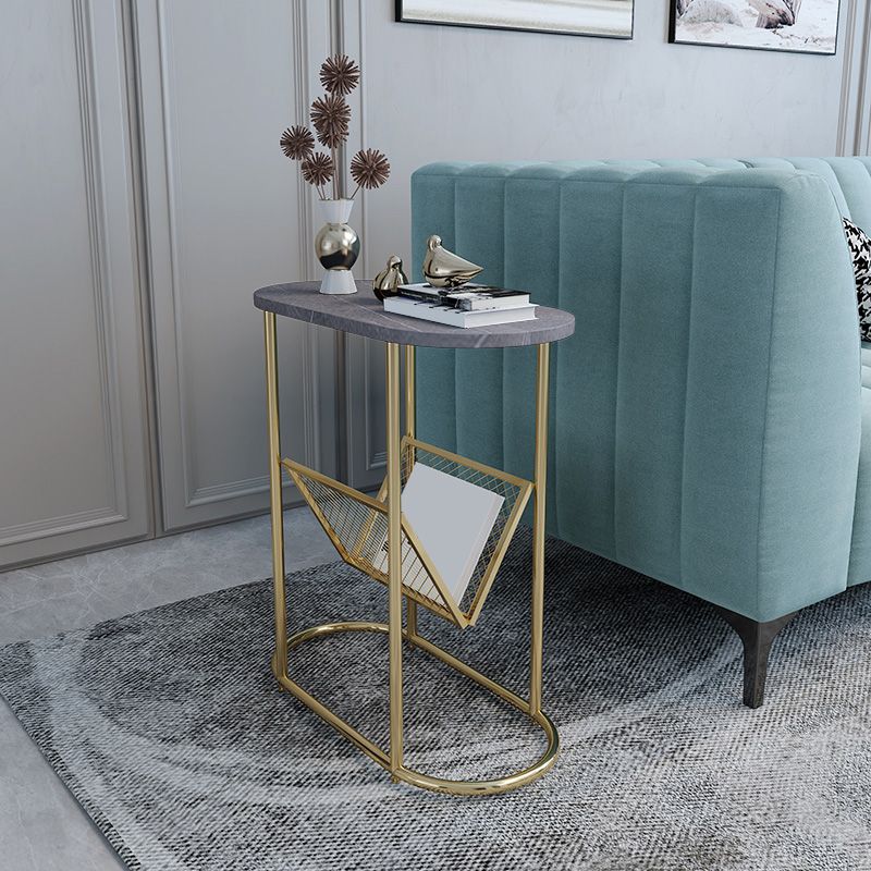 24.8" Tall Iron Frame Base End Table Oval Slate Top Side Table with Magazine Holder