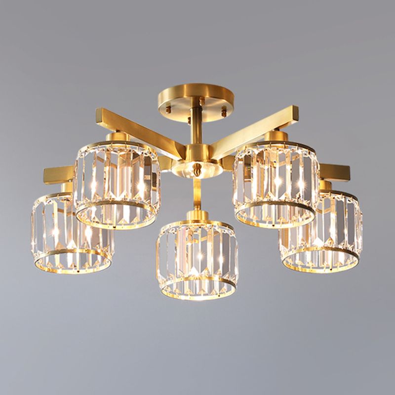 Radial Metallic Semi Flush Light Modern Gold Ceiling Flush Mount with Cylinder Tri-Prism Crystal Shade
