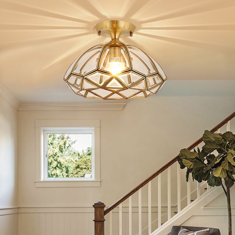 1 Light Bowl Shade Semi Flush Mount Lighting Colonial Style Glass Ceiling Light for Hallway