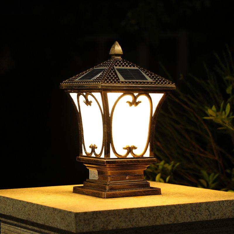 Frosted Glass LED Solar Outdoor Lamp Vintage Flared Garden Post Lighting Fixture