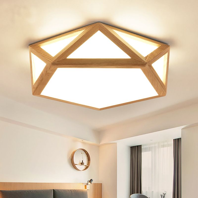 Minimalist Pentagon Flushmount Lighting Wooden LED Bedroom Flush Ceiling Light Fixture in Wood