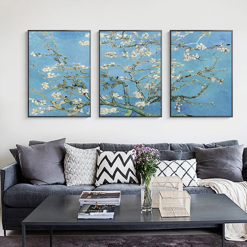 Blossoming Plum Branches Canvas Textured Country Living Room Wall Art Print in Blue
