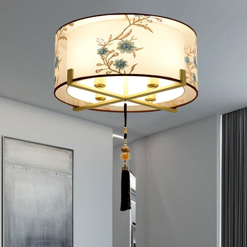 4-flammige Trommel-Einbauleuchte im traditionellen Stil, weiße Stoff-Einbauleuchte