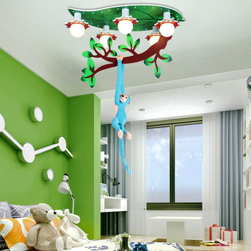 Salle de soins infirmiers Ceiling Fixture with Hanging Monkey Wood 4 Lights Green Ceiling Mount Light