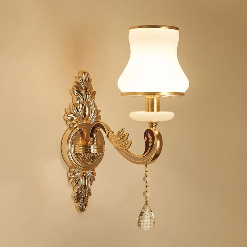 Retro Style Flower Wall Lamp Glass Wall Light Fixture with Crystal Draping in Gold
