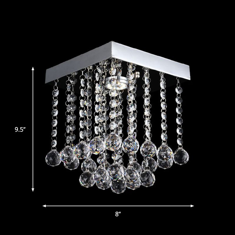 Square Cascading Crystal Flush Mount Chrome Ceiling Light Fixture with Crystal Balls
