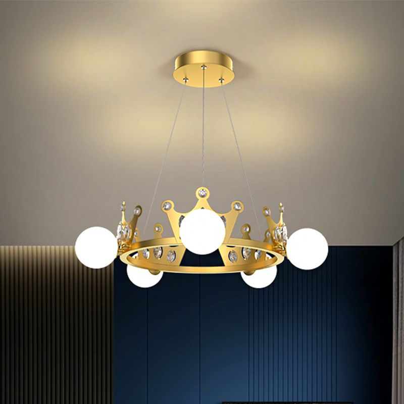 Metal Crown Chandelier Lamp Kids 5/8 Lights Hanging Light with Ball Frosted Glass Shade in Gold