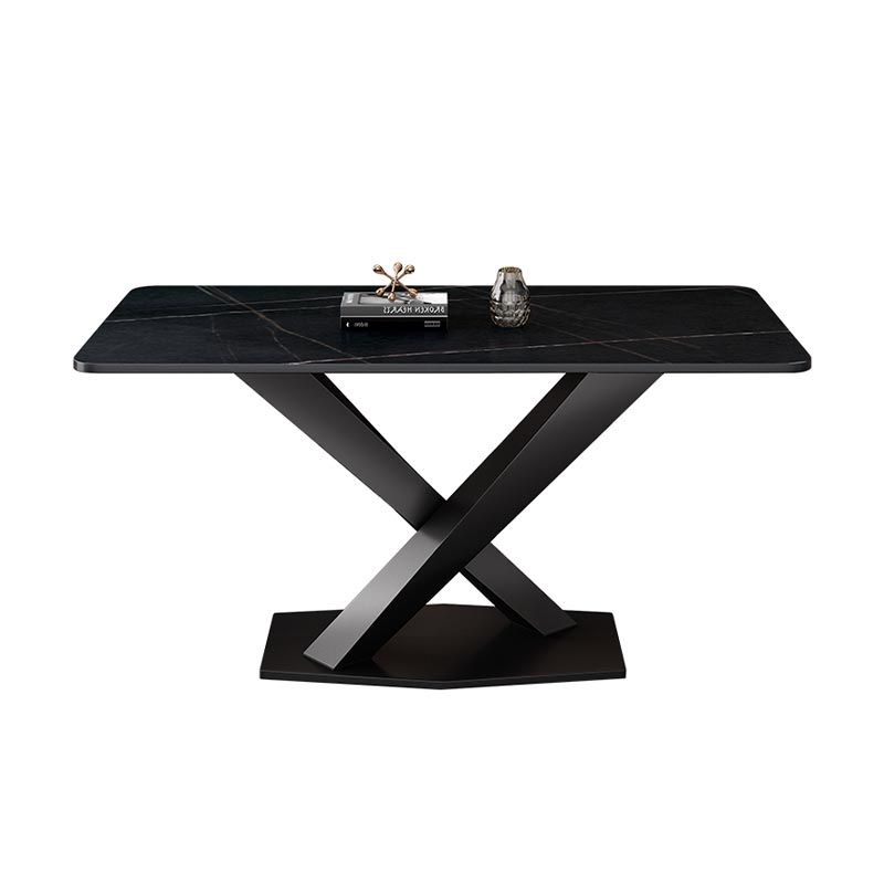 Table industrielle en pierre frittée pour table de cuisine rectangulaire de restaurant avec piédestal noir