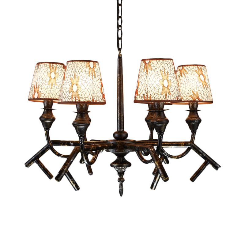 6 Lights Fabric Chandelier Lamp Traditional Brass Conical Restaurant Down Lighting Pendant