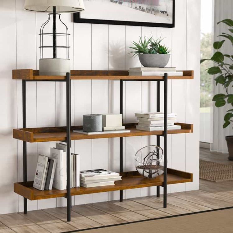 Modern Solid Wood Bookshelf Brown Etagere Open Shelf Vertical Bookcase