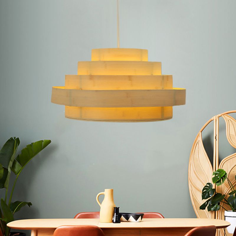 Asian 5-Tier Hoop Pendant Light Kit 1 Head Bamboo Panel Ceiling Hang Fixture in Beige