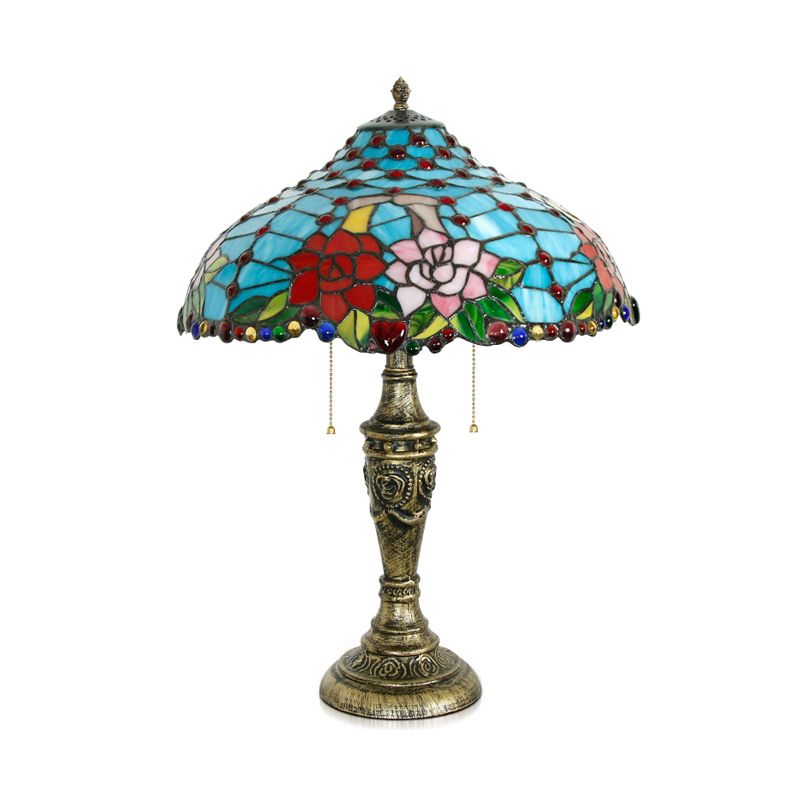 Luz de la mesa azul de vidrieras Patrón de rosa 3 cabezas Lámpara de mesita de noche Tiffany con cadena de extracción