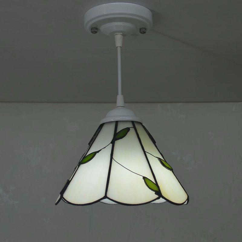 White Glass Cone Hanging Light Kit Mission 1 Light Bronze Leaf Patterned Pendant Lamp with Scalloped Trim