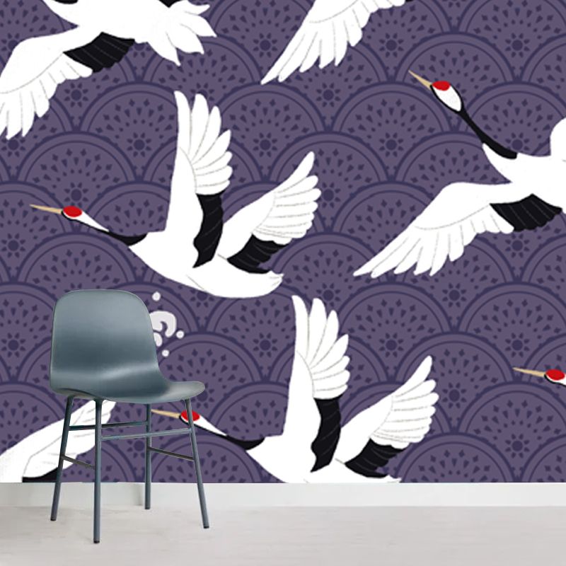 Large Chinoiserie Wallpaper Mural White Flocks of Red-Crown Crane Wall Art on Purple