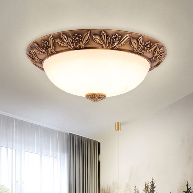 4/3/2 Heads Bowl Flush Light Antiqued Brass White Glass Ceiling Mounted Fixture,12"/16"/21.5" Width