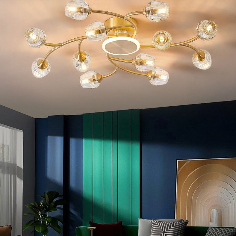 Copper Multi-Head Semi Flush Mounted Plafond Light Lights Glass Shade Modern Radial Metal Semi Flush Light
