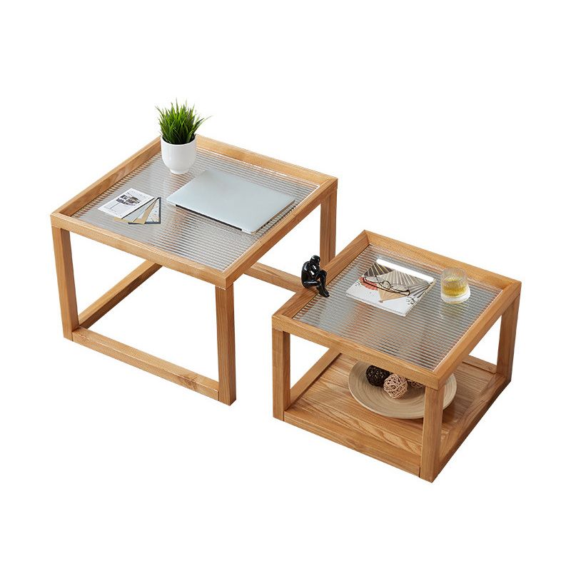 Modern Glass Top Coffee Table Square Natural Wood Cocktail Table