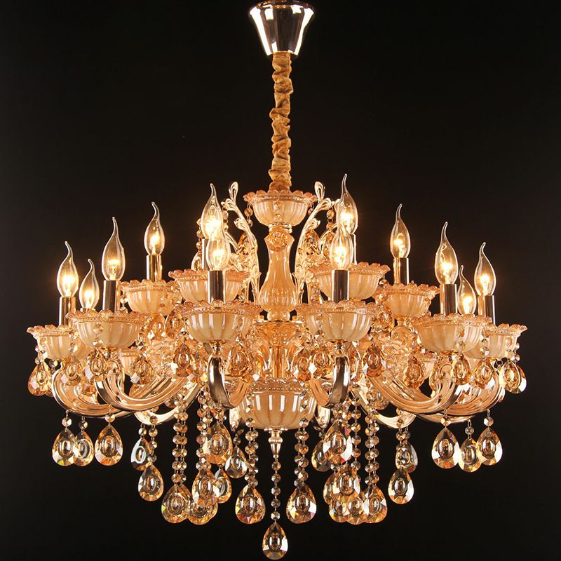 Amber Glass Candle Chandelier Lamp Traditional Living Room Suspension Light in Gold with Crystal Decor