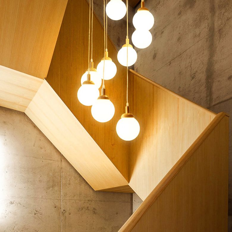 Spiral Stair Ceiling Pendant Simple Wood Multi Hanging Lamp with Ball White Glass Shade