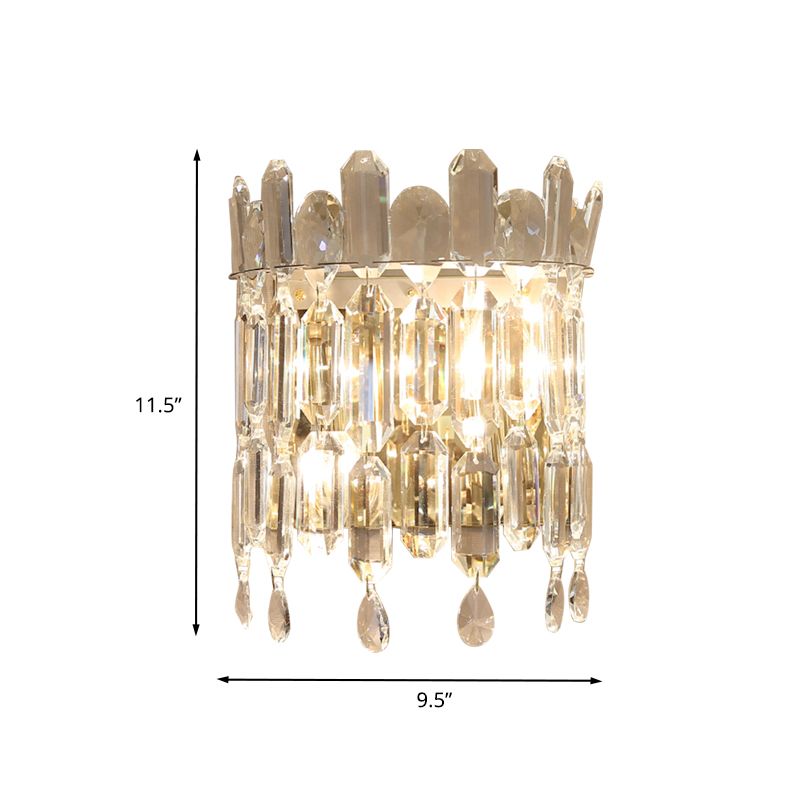 Modern Semi-Drum Wall Mount Lighting Clear Crystal 2 Heads Living Room Sconce Lamp Fixture