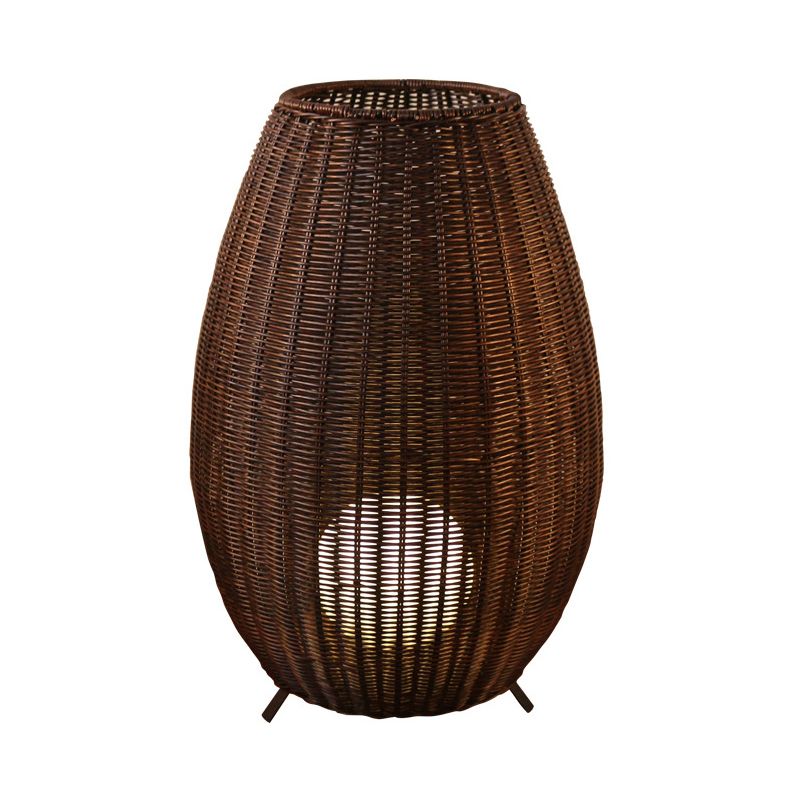 Geweven ovale vloer Standing Light Aziatische rattan beige/bruine vloerlamp met binnenste sferische acrylschaduw