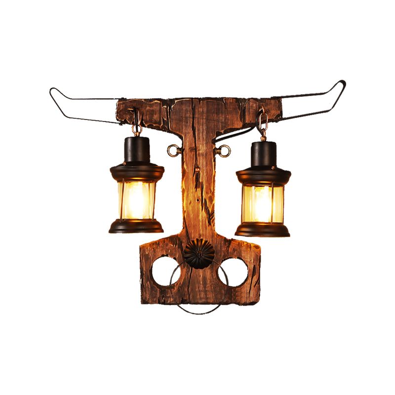 2-Light Wall Lamp Lighting Rustic Style Lantern Clear Glass Sconce Light Fixture in Black with Wooden Backplate