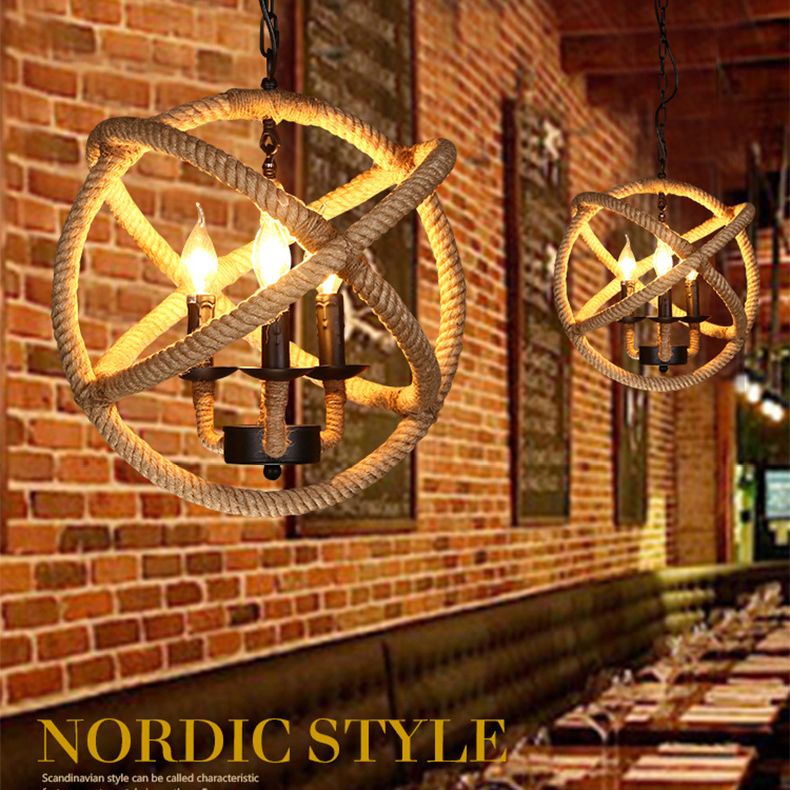 Globe Metal Pendant Lighting Industrial 3 Lights Hemp Rope  Chandelier Hanging Light Fixture in Black