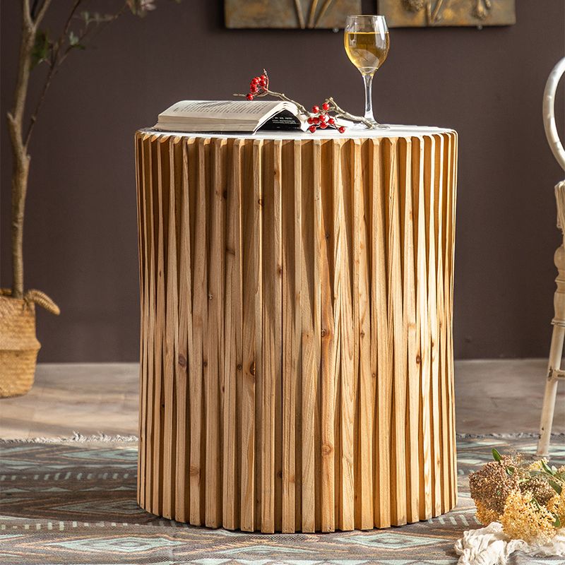 Rustic Drum Side Table Solid Wood Round End Table in Distressed Finish