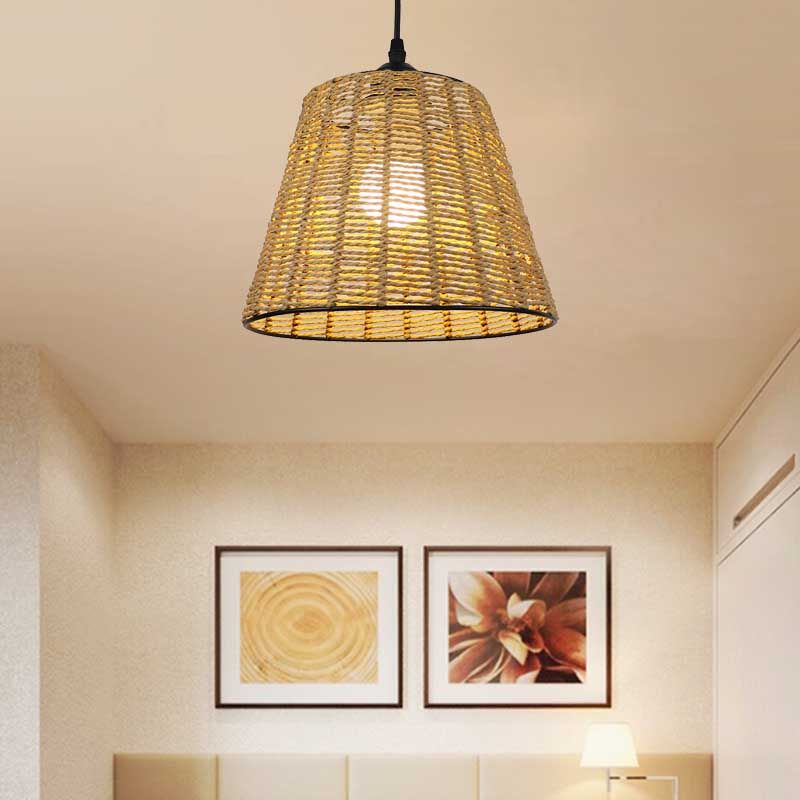 Bucket Hanging Light Fixture Modern Woven Rattan 1-Light Indoor Pendant Lamp in Beige