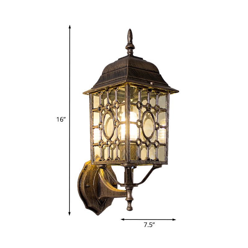 Éclairage mural de grille métallique Country 1 Bulbe Courte Courtard Lampe en rouille avec une teinte en verre transparent cuboïde