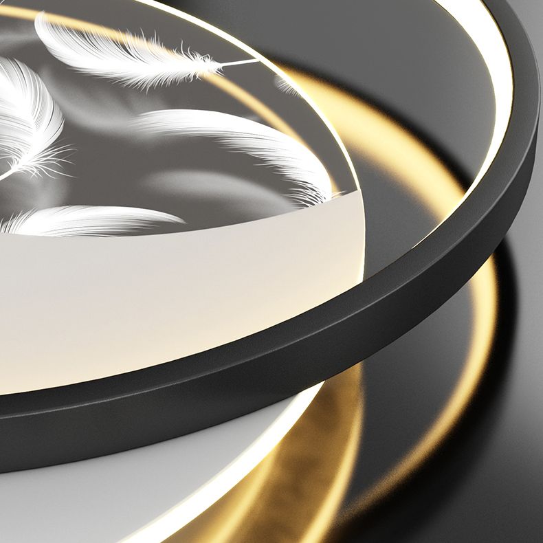 Modern Creative Circular LED Ceiling Light Wrought Iron Feather Flush Mount with Acrylic Shade