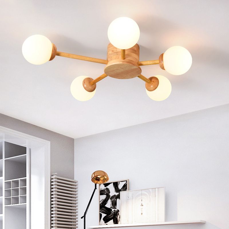 Bubble Semi Flush Minimalistischer Schlafzimmer-Deckenleuchter aus Milchglas aus Holz