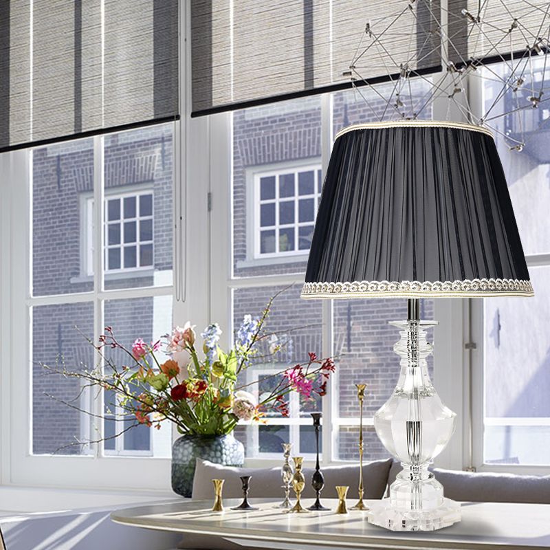 Lámpara de mesa de noche para dormitorio de barril, luz única de cristal tradicional en color negro, luz de mesita de noche con ribete trenzado