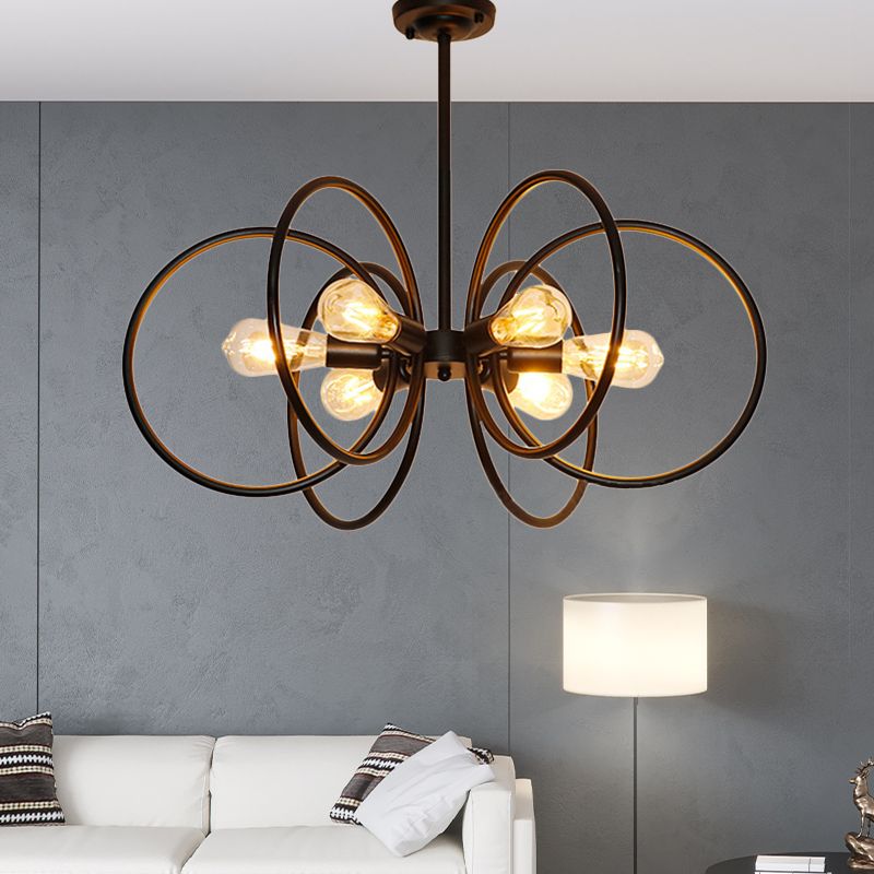 Multi Ring Metal Chandelier Light Vintage Style 6 Lights Restaurant Ceiling Light Fixture in Black
