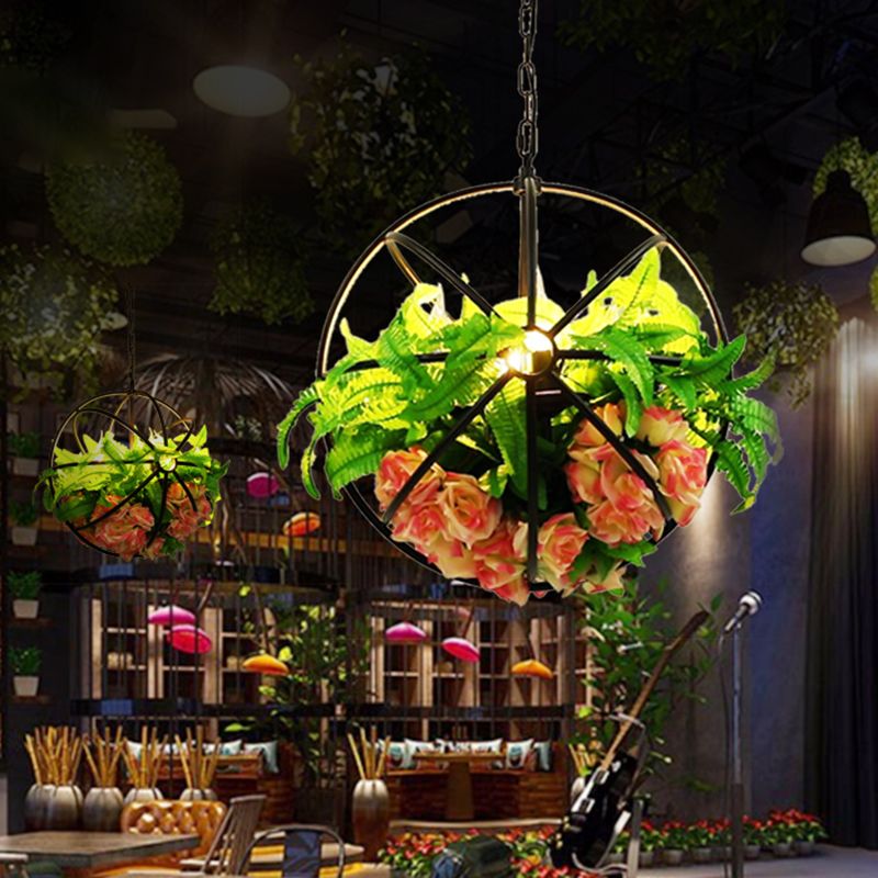 Antique Global Hanging Chandelier 4 Bulbs Metal LED Rose Pendant Light Fixture in Black