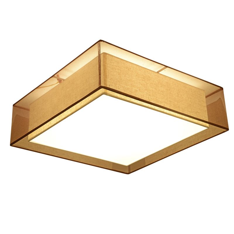 Brown Square Ceiling Light in Traditional Concise Style Wrought Iron Flush Mount with Fabrics Shade