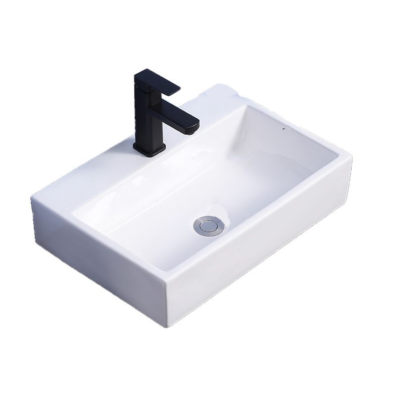 Modern Bathroom Sink Ceramic Rectangular White with Single Faucet Hole Vessel Sink