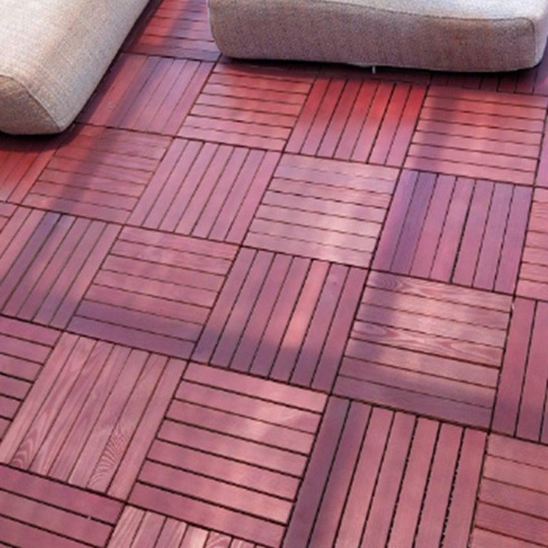 Red 6-Slat Square Wood Patio Tiles Snap Fit Installation Floor Board Tiles