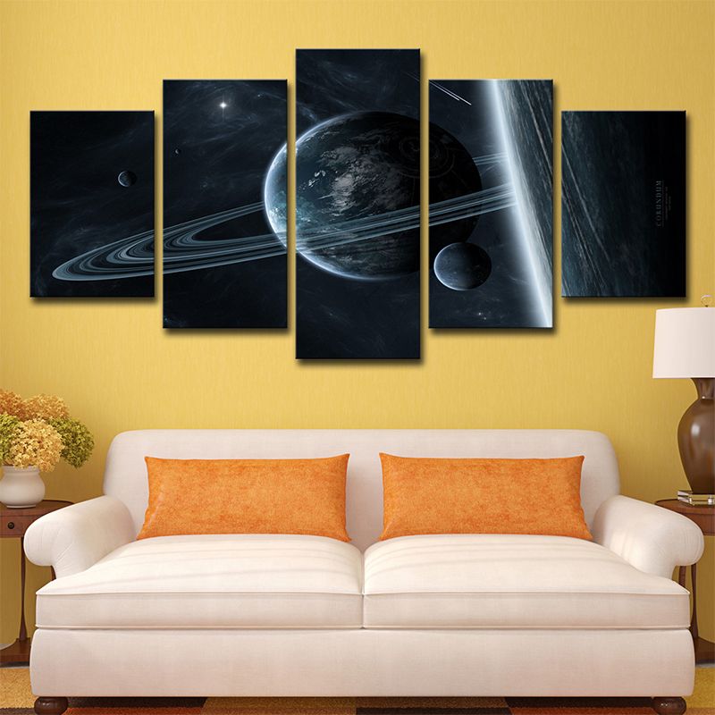 Cosmic Ringed Planet Canvas Wall Art Science Fiction Multi-Piece Wall Decor in Black