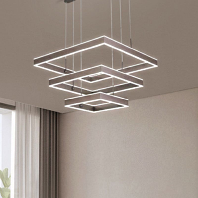 Tiered Square Chandelier Light Simplicity Metallic Living Room LED Pendant Light in Coffee