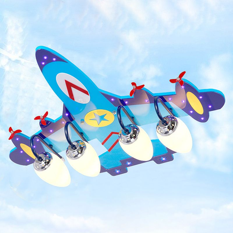 4 Lights Aircraft LED Flush Mount Light Remote Control Glass Ceiling Light in Chrome Finish for Kindergarten Children Room