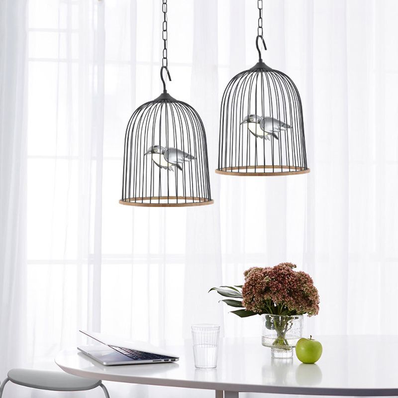 1 Bulb Cage Pendant Lamp Contemporary Metal Suspended Lighting Fixture in Black/Pink with Bird