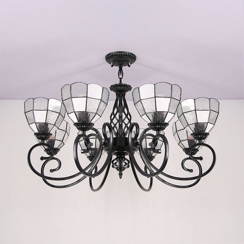 Bowl Hanging Chandelier with Black Curved Arm Tiffany 8 Lights Indoor Pendant Light in White for Hall