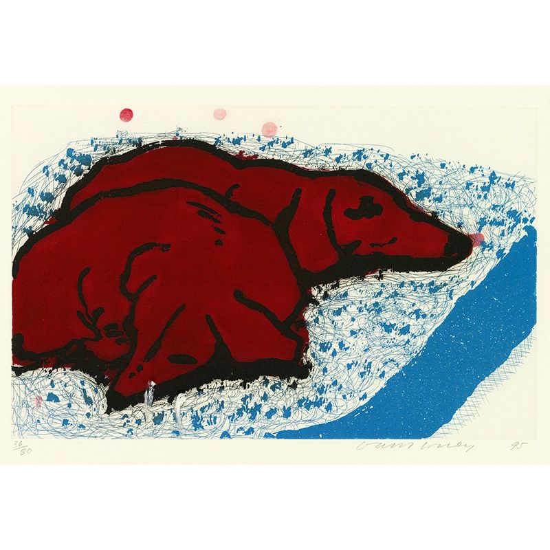 Dogs Sleep on Mat Mural Wallpaper Red-Blue Art Deco Wall Covering for Kids Bedroom